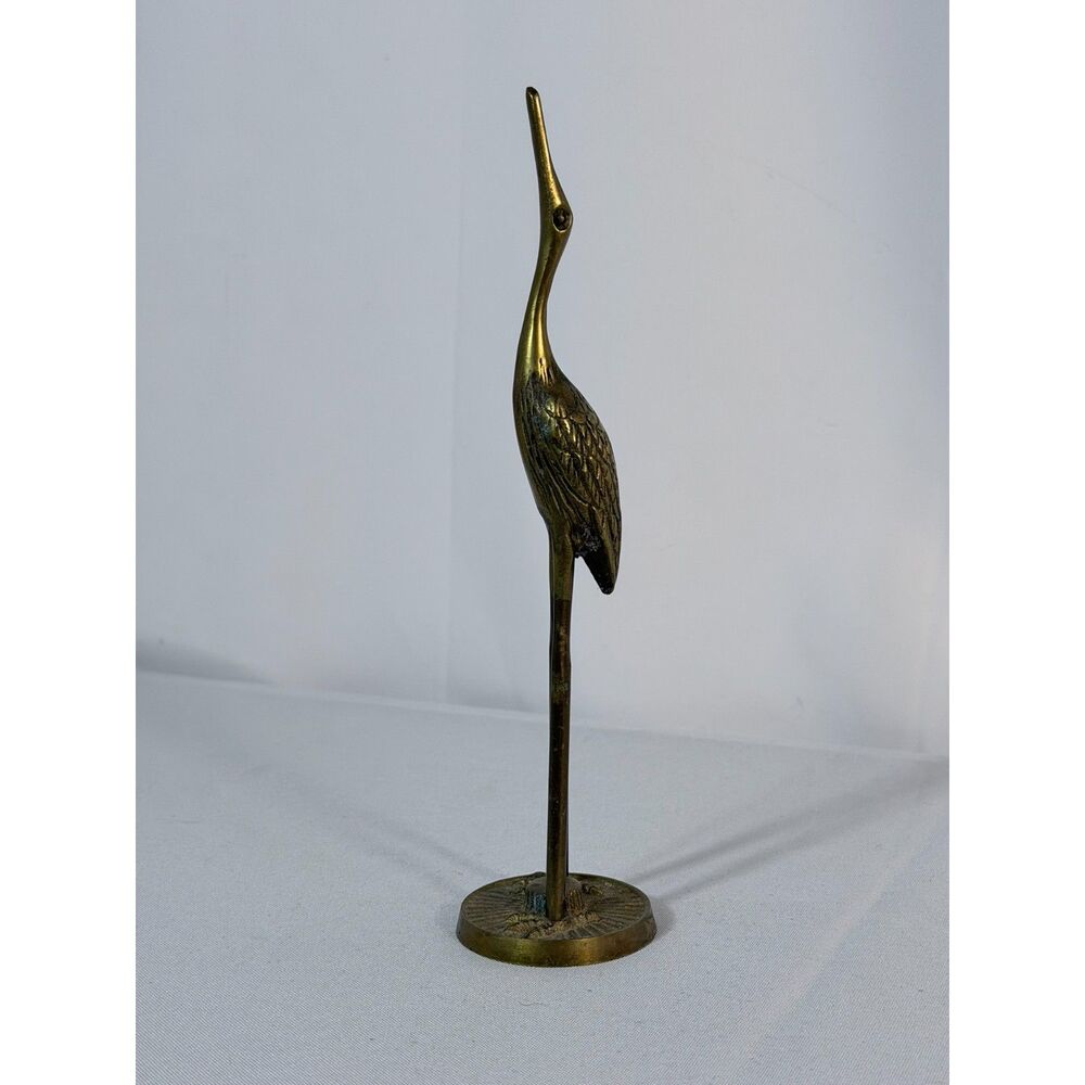 VTG Brass Standing Crane Heron Egret Sculpture Paperweight Decor 8" MCM Mod